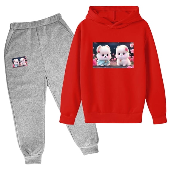 Little Girl Sweatshirts Size 6 Kids Fashion 2 Piece Fall Casual Outfits Cute Print Hoodie Sweatshirt Jogging Sweatpants, Red, 8 Years