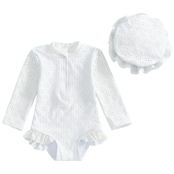 Little Girl Swimsuit 24Months Infant Baby Girl Swimsuit Long Sleeve One-Piece Swimwear Zipper Ruffled Bathing Suit UPF 50+