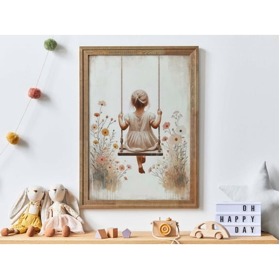 Little Girl On A Swing, Wildflower Nursery Girl, Toddler Room Decor, Vintage Girls Room Art, Rustic Nursery Decor, Girl Wall Art Wall Art, Modern Wall Decor, 12x18 UNFRAMED