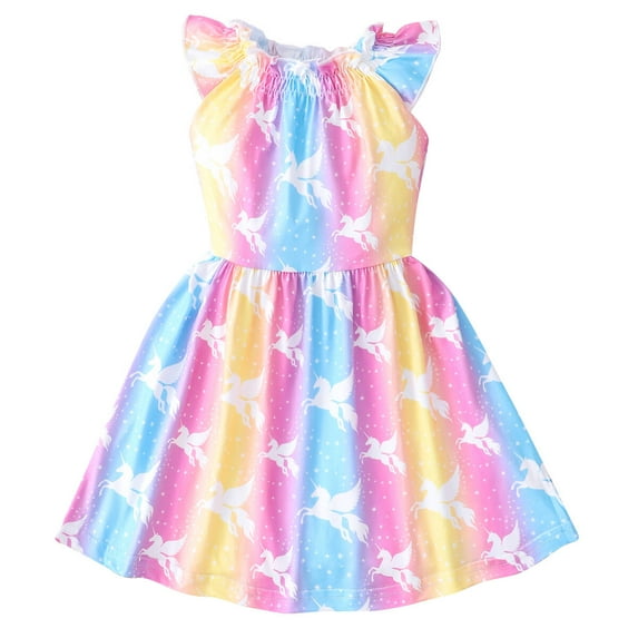 Little Girl Unicorn Dress Toddler Summer Spring Ruffle Sleeve Sundress Dresses 2T-Unicorn
