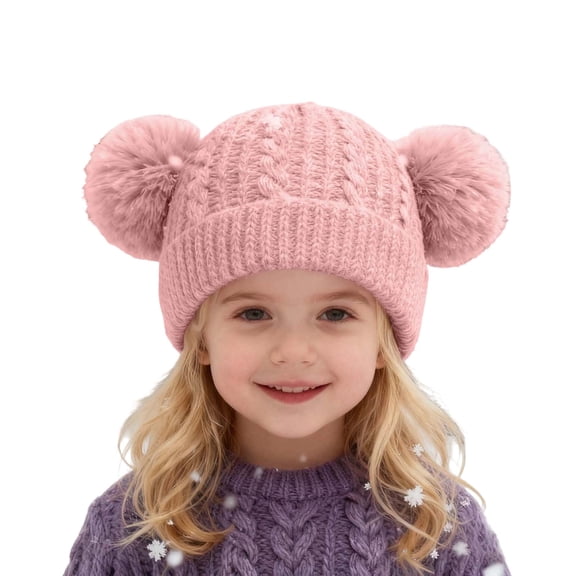Little Girl Winter Hat Knitted Winter Beanie Hat with Double Pom Winter Windproof Hat for 3-8 Years Girls