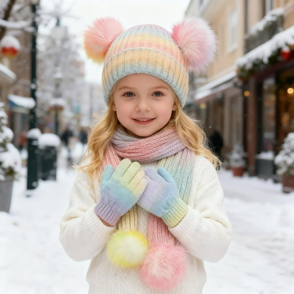 Little Girl Winter Hat Scarf Glove Set, Warm Lined Beanie Hats Knitted Cap for Ages 3-10 Years Girls Boys
