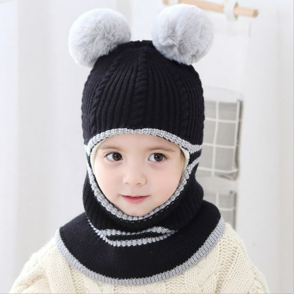 Little Girl Winter Hat Scarf Knitted Beanie Hat with Double Pom Warm Lined Knit Soft Cap for Boys and Girls