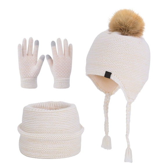 Little Girl Winter Hat with Ear Flaps Gloves Scarf Set, Knitted Lined Beanies Cap for 4-10 Years Girls Boys