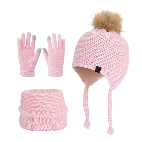 Little Girl Winter Hat with Ear Flaps Gloves Scarf Set, Warm Lined Beanie Hats Knitted Cap for 4-10 Years Girls Boys