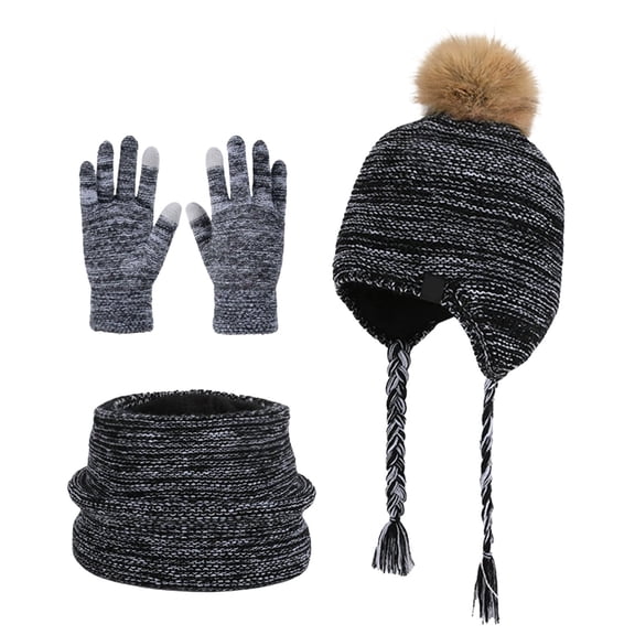 Little Girl Winter Hat with Ear Flaps Scarf Glove Set, Warm Lined Beanie Hats Knitted Cap for 4-10 Years Boys and Girls