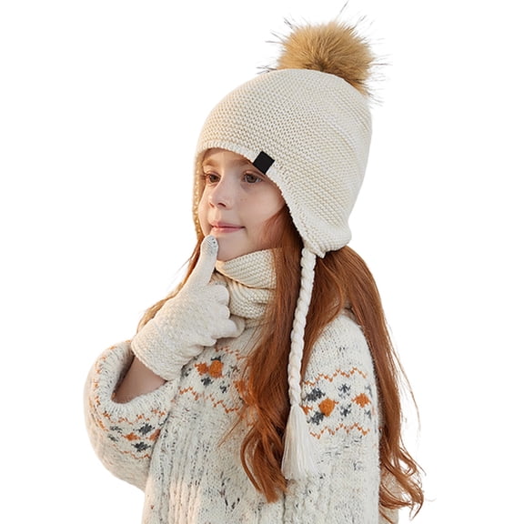 Little Girl Winter Hat with Ear Flaps Scarf Glove Set, Warm Lined Hat Gloves Knit Neck Warmer Set for 4-10 Years Boys Girls
