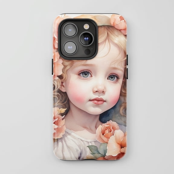Little Girl With Roses For All iPhone Series Tough Phone Case Watercolor Floral