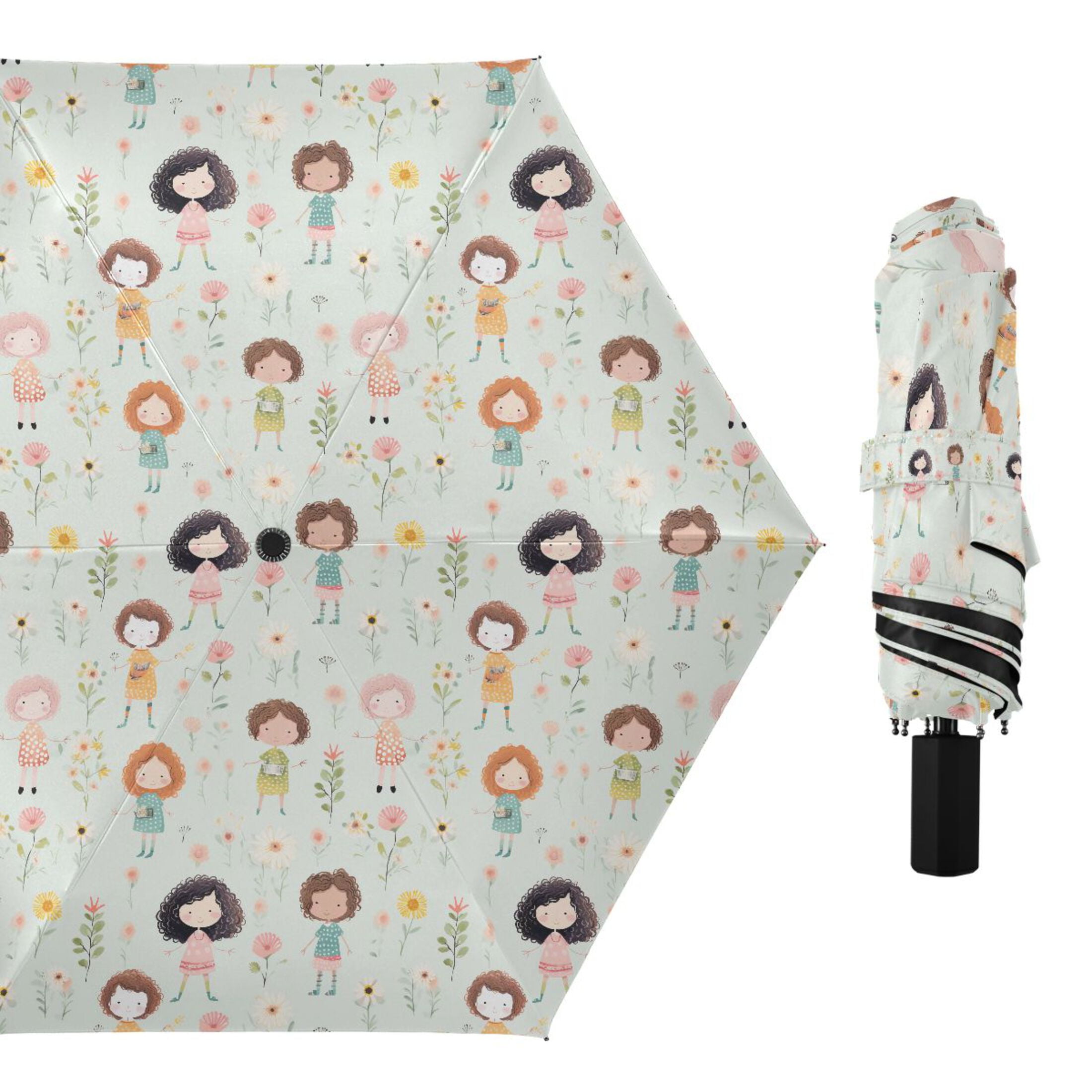 Little Girl and Flower Compact Sun Umbrella Windproof Travel Umbrellas for Rain Strong Portable UV Protection