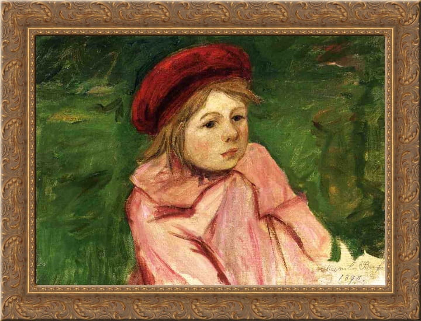 Little Girl in a Red Beret 24x18 Gold Ornate Wood Framed Canvas Art by ...