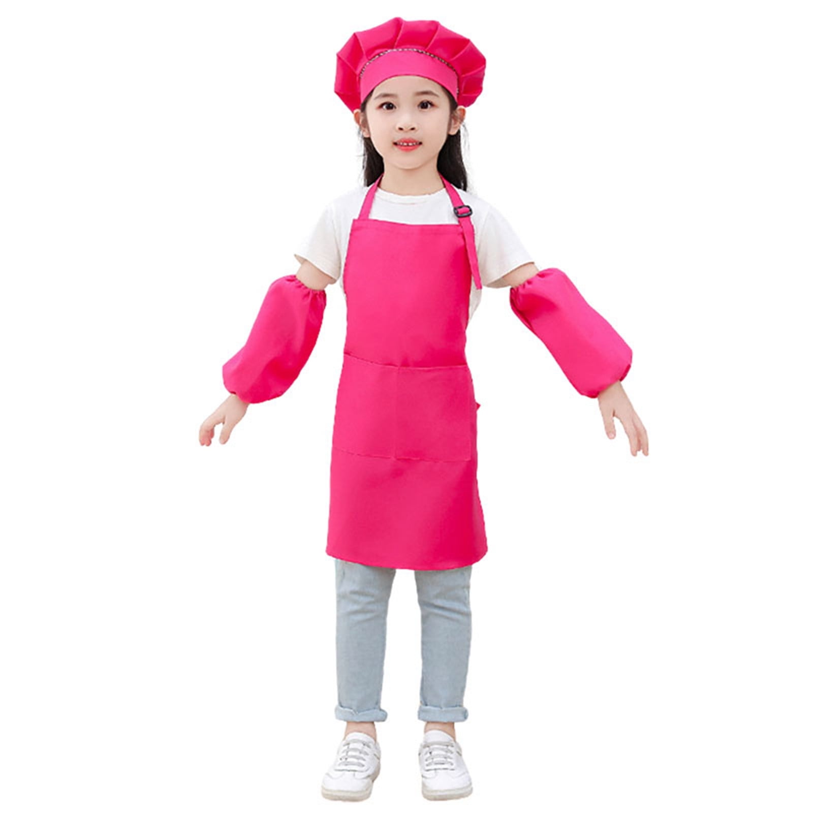 Little Girl's Art Smock 3 Piece Set Solid Color Apron Cuff Hat Painting