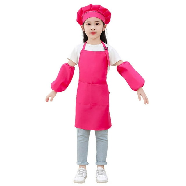 Little Girl's Art Smock 3 Piece Set Solid Color Apron Cuff Hat Painting