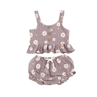 Little Girl’s Daisy Printed Clothes Cotton Sleeveless Ruffled Hem Tank Tops and Triangle Shorts Toddler Summer Outfit