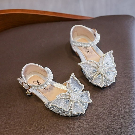 Little Girl's Dress Shoes Wedding Party Low Heel Sandals Mary Jane Princess Butterfly Shining Shoes