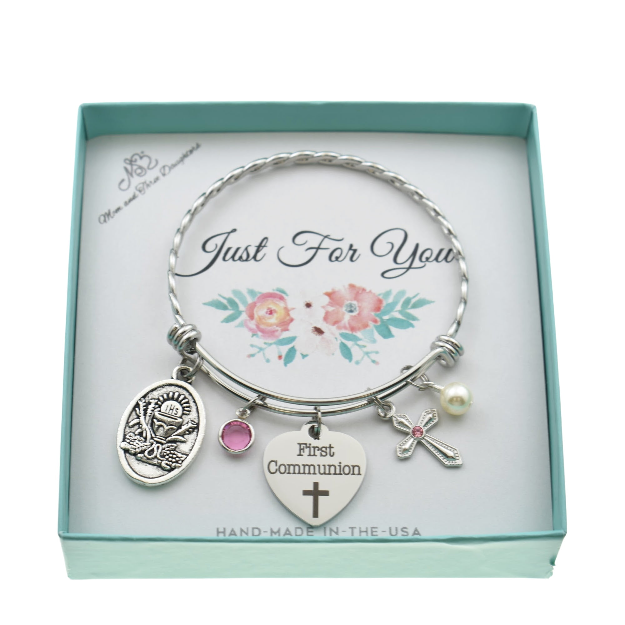 MOM AND THREE DAUGHTERS Little Girl's First Communion Bracelets in Silver Tones. Little Girls Jewelry. Little Girls Bracelet. First Communion Gift. Pearl. Cross