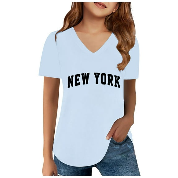 Little Girl's Graphic Tees New York Print V-Neck Short Sleeve Tshirt Summer Kids T Shirts
