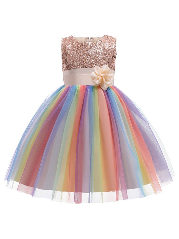 Little Girl's Sequin Sleeveless Mesh Rainbow Dress for Wedding Party