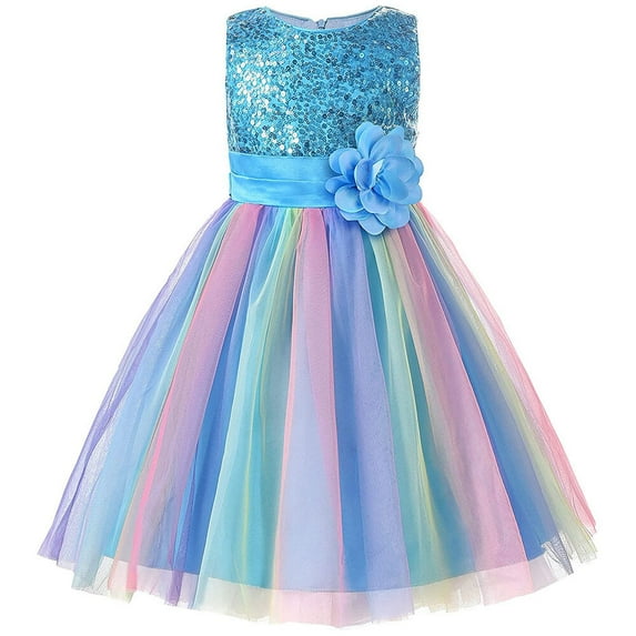 Little Girl's Sequin Sleeveless Mesh Rainbow Dress for Wedding Party