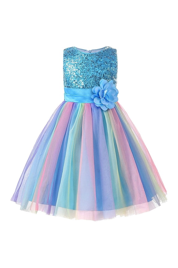 Little Girl's Sequin Sleeveless Mesh Rainbow Dress for Wedding Party