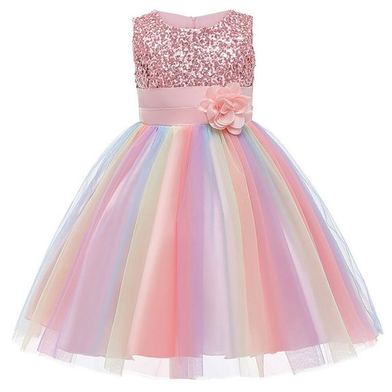 Little Girl's Sequin Sleeveless Mesh Rainbow Dress for Wedding Party