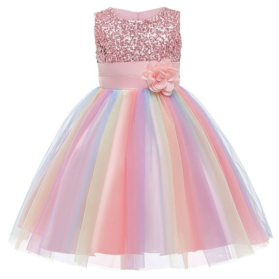 Little Girl's Sequin Sleeveless Mesh Rainbow Dress for Wedding Party