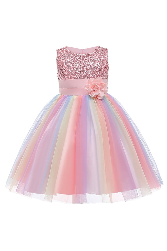 Little Girl's Sequin Sleeveless Mesh Rainbow Dress for Wedding Party