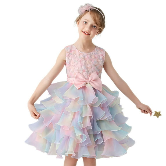 Little Girl's Sleeveless Tulle Flower Rainbow Tutu Dress for Wedding Party 3-10T