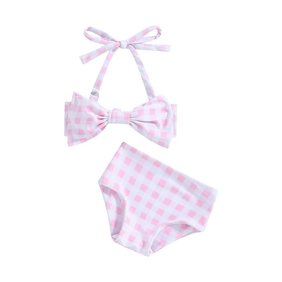 Little Girl's Summer Bikini 2 Pcs Set, Flower/Plaid Print Sleeveless Bow Bikini Tops with Shorts Swimsuit