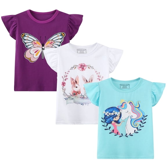 HILEELANG Little Girl's Tee Shirts Summer Puff Short Sleeve Cotton Casual Crewneck Graphic Ruffle Cap Easter Purple Butterfly T-Shirts Tops 3 Packs Sets 6T