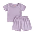 thumbnail image 1 of Little Girl´s Two Pieces Clothes Outfit, Round Neck Short Sleeve Ribbed Solid Color T-Shirt + Shorts, 1 of 10