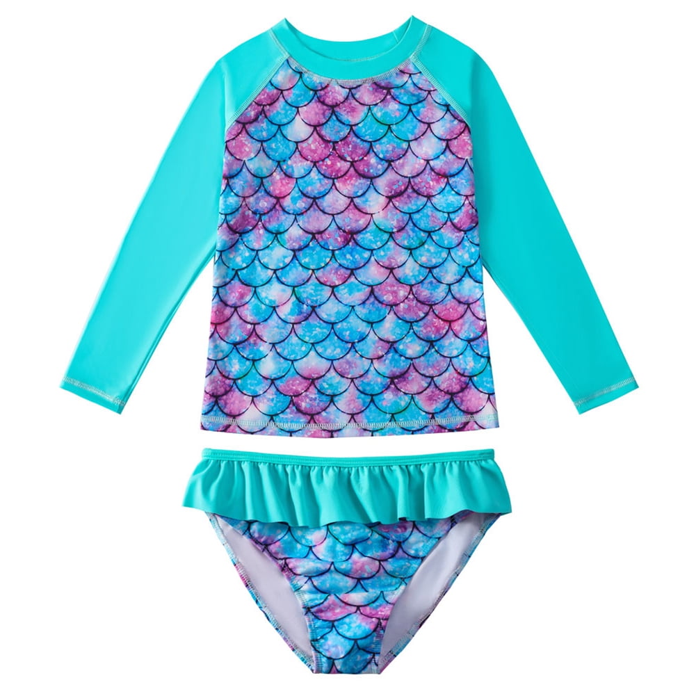 Little Girls 2-Piece Mermaid Scale Swimsuit Set Long Sleeve Rash Guard ...