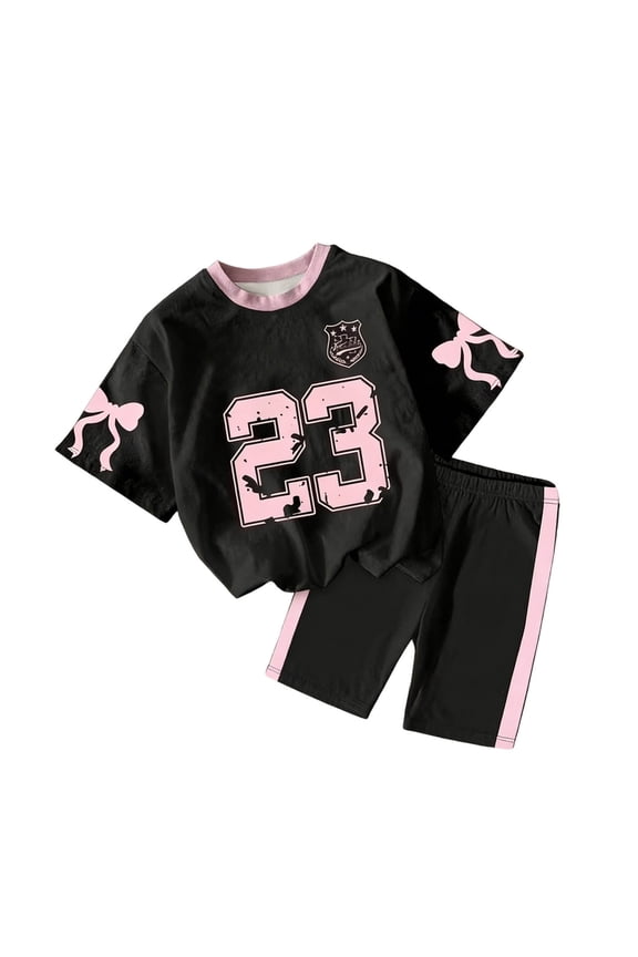 Little Girls 2 Piece Outfit Summer T Shirt And Shorts Combo With Digital Print Design For Everyday Play Set Size 5-6T