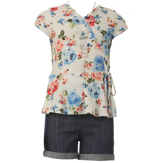 Little Girls 2 Pieces Girl Short Set with Off Shoulder Polka Dot Top Jeans Pants Summer Casual Off White 4 (J21KS40)