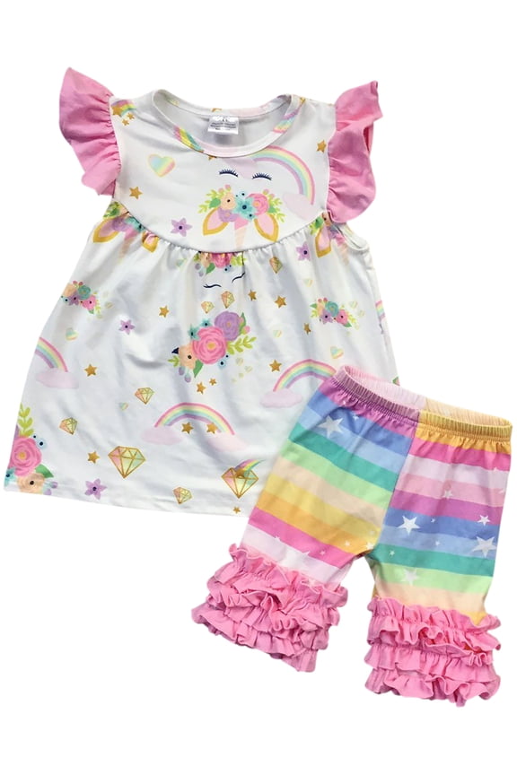 Little Girls 2 Pieces Pant Set Unicorn Dress Ruffle Outfit Clothing Set Off White 4 M (501323)