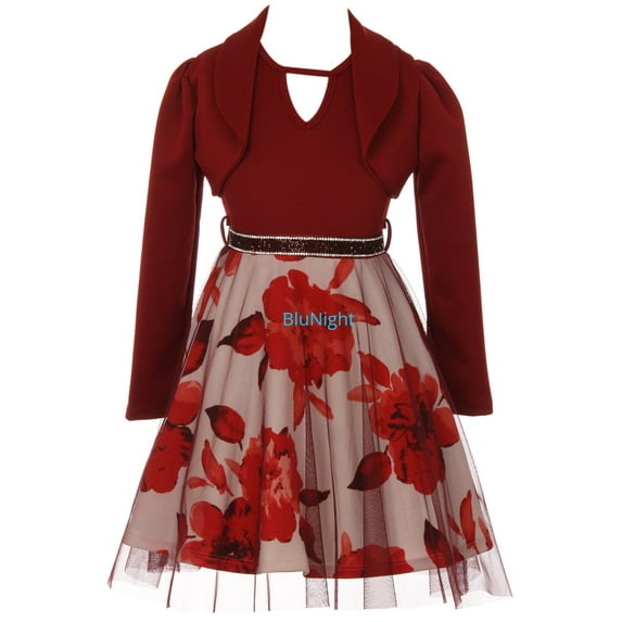 Little Girls 2 Pieces Set Floral Bolero Jacket Holiday Party Flower Girl Dress Burgundy 4 (2J1K47S)