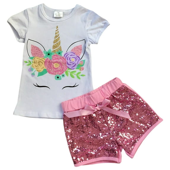 Little Girls' 2 Pieces Short Set Unicorn Floral Tops Glitter Shorts Outfit White 4 M (P201453P)