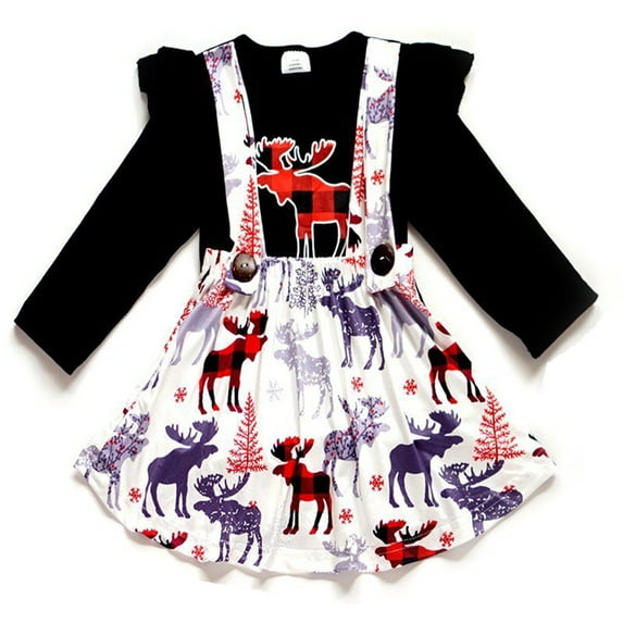 Little Girls 2 Pieces Skirt Set Ruffle T-shirt Top Reindeer Suspender Skirt Set Black White 3T S (P201875P)