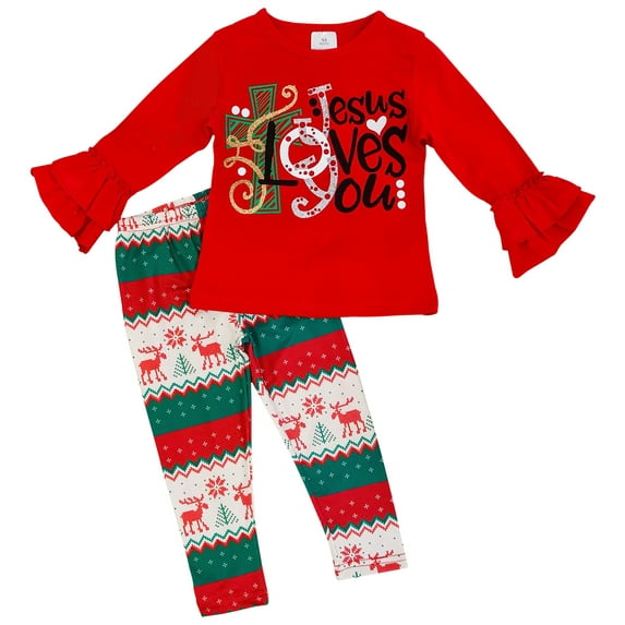 Little Girls 2 Pieces Top Set Jesus Loves You Reindeer Legging Pant Clothing Set Red 4 M (400556)
