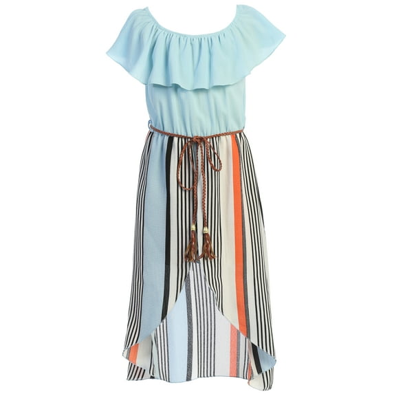 Little Girls 2 Ways Ruffle Hi Lo Maxi Skirt Romper Belt Jumpsuit Romper USA Blue Stripe 4 (2J1K42S)