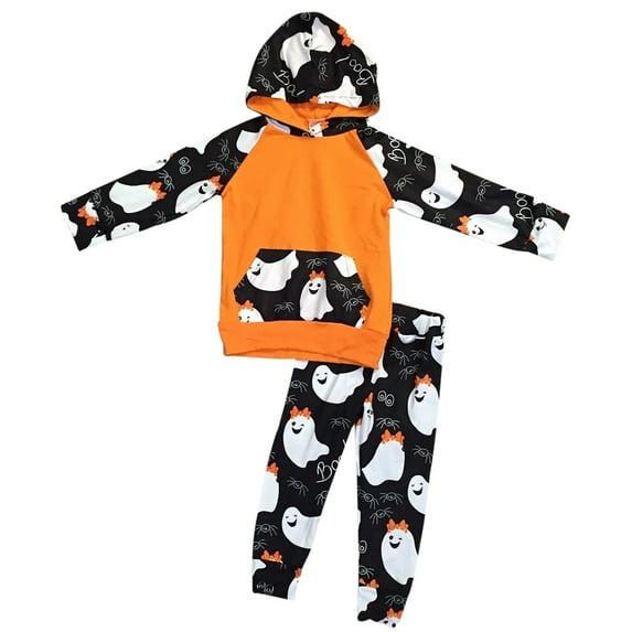 Little Girls 3 Pieces Set Halloween Ghost Outfit Sweater Hoodie Pants Clothing Black Orange 3T S (P400487P)