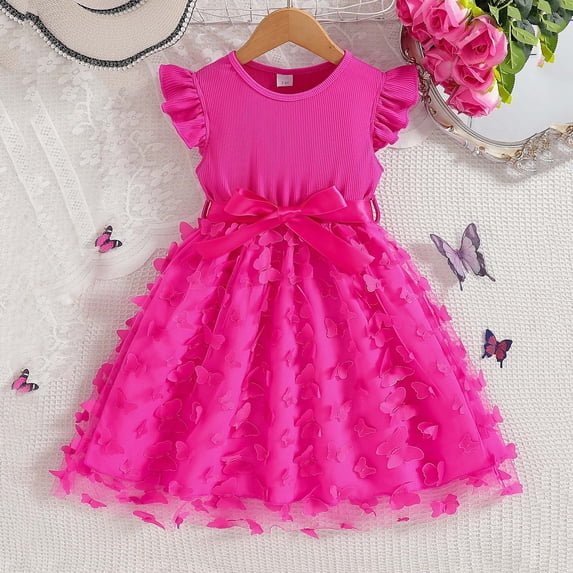 Little Girls 3D Butterfly Mesh Ribbed Dress, 3-10Y Short Sleeve Casual Outdoor Daily Summer Wear Dresses for Little Girls 3-10 Years Hot Pink 7-8 Years