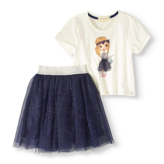 Little Girls' 4-6X Graphic T-shirt and Sparkle Tulle Skirt 2-Piece Outfit Set