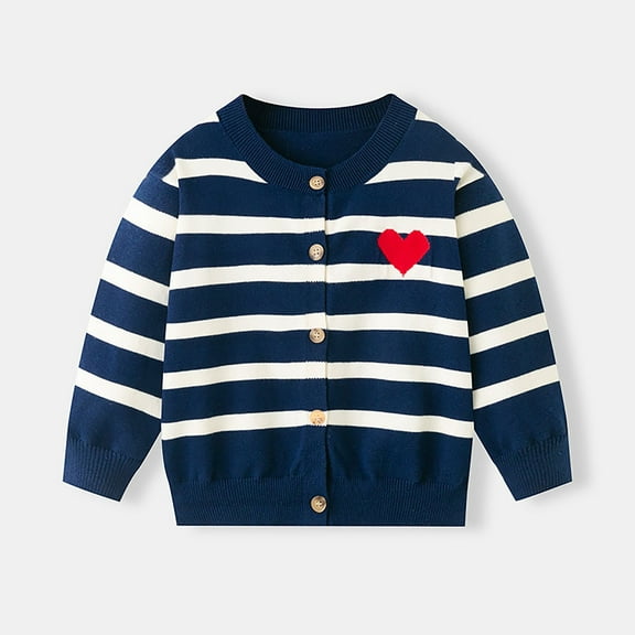 Little Girls 5T Dark Blue Striped Cardigan - Red Heart Embroidery, Button-Up 100% Polyester Sweater, Machine Washable for 5-Year-Old Kids