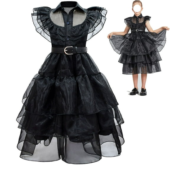 Little Girls Addams Wednesday Black Dress Halloween Cosplay Party Costume Outfit