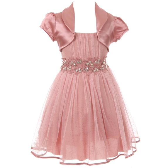 Little Girls Beautiful 2 Pieces Bolero Dress Rhinestones Shiny Holiday Flower Girl Dress Rose 4 (2J1K4S4)