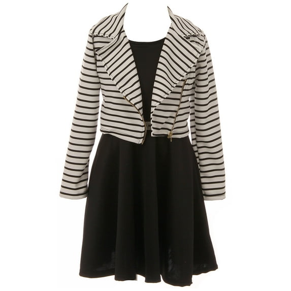 Little Girls Beautiful 2 Pieces Stripe Jacket Dress Rhinestones Holiday Flower Girl Dress Black 4 (2J1K4S5)