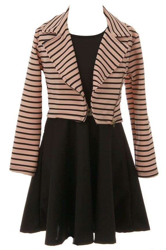 Little Girls Beautiful 2 Pieces Stripe Jacket Dress Rhinestones Holiday Flower Girl Dress Rose 6 (2J1K4S5)