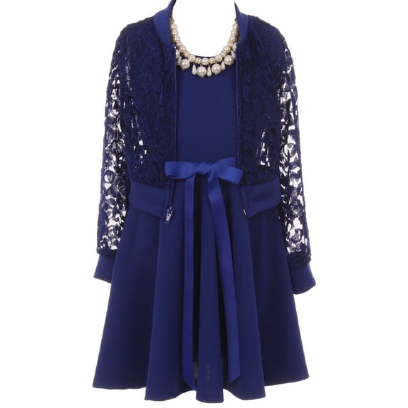 Little Girls Beautiful 3 Pieces Lace Jacket Dress Necklace Set Flower Girl Dress Royal 4 (2J0K9S6)