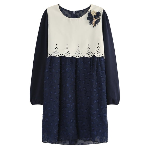 Little Girls Beige Navy Flower Adorned Long Sleeve Sweet Dress 5/6