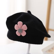 Little Girls Beret Hat Winter Warm Beanie Cap Toddler French Style Knit Hat Baby Cute Flower Berets Black 3Months-4Years